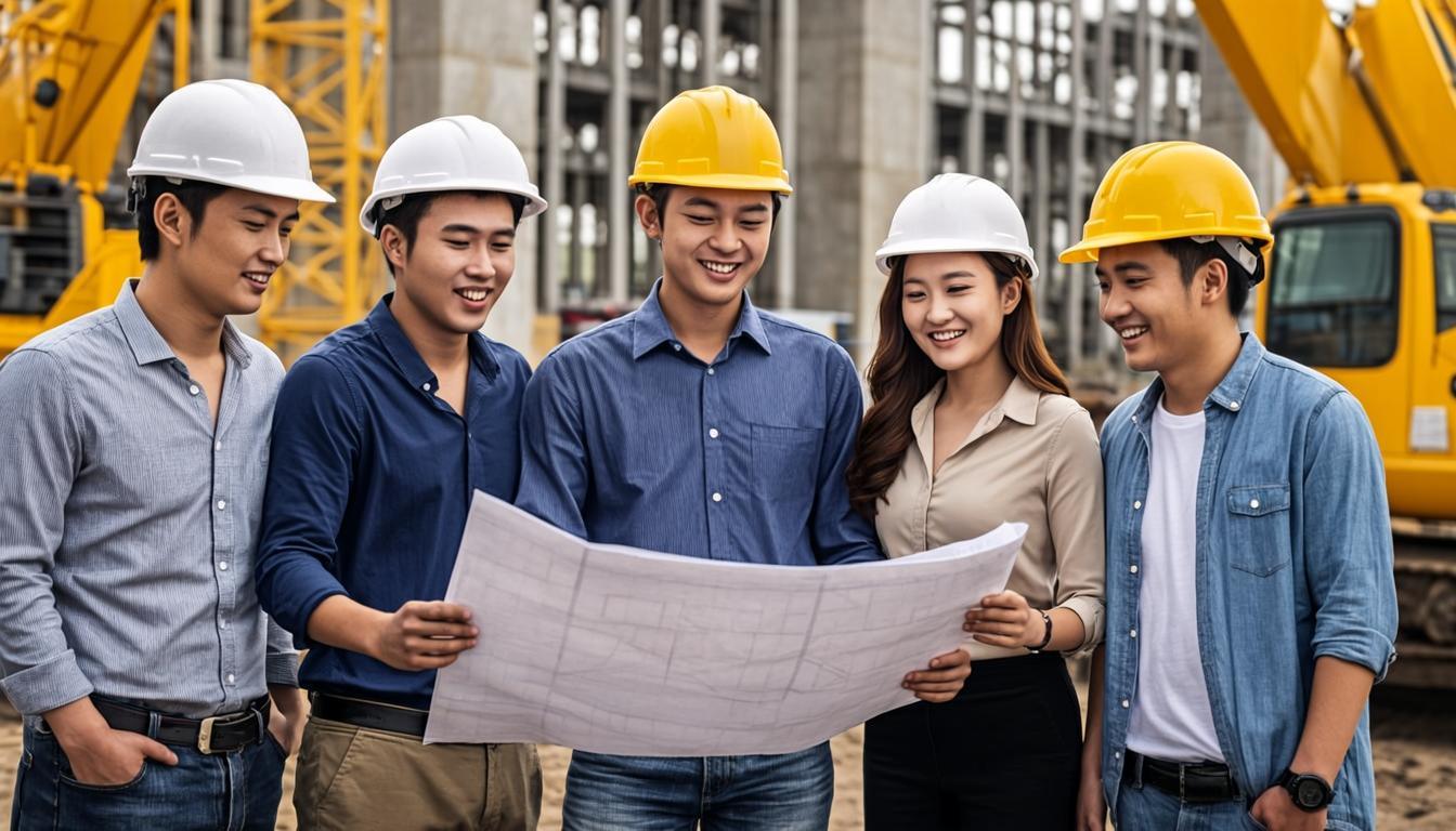 Construction site manager with safety helmet reviewing drawings